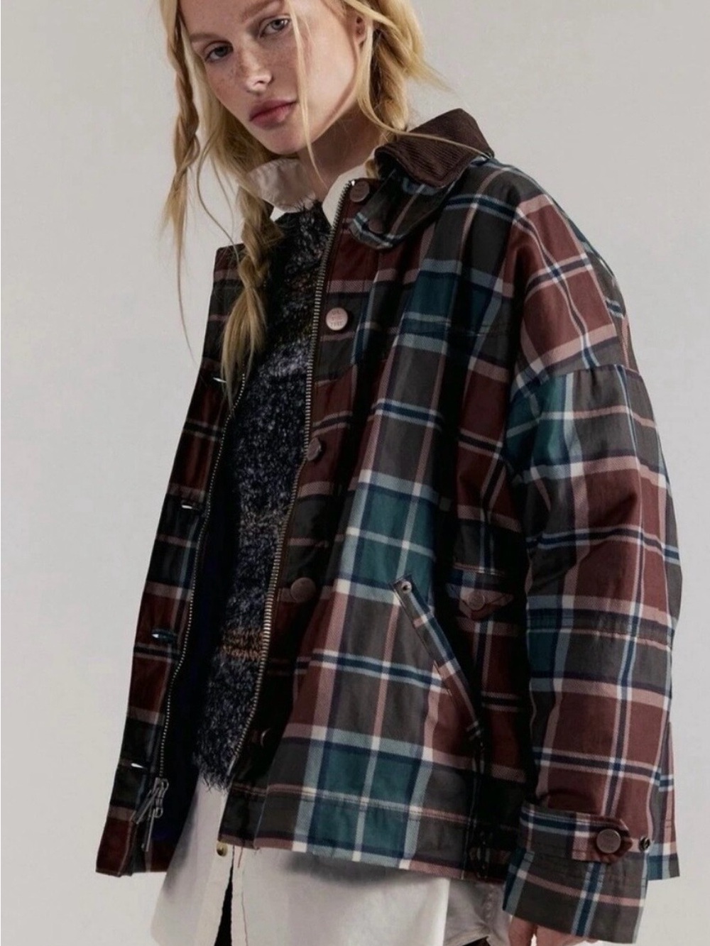 Free People Cori Waxed Barn Jacket Brown Plaid Size XS